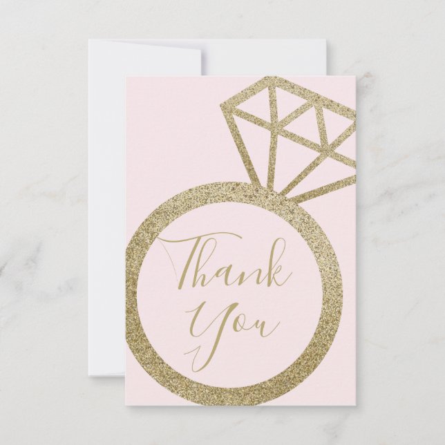Bridal Shower Pink & Gold Glitter Engagement Ring Thank You Card (Front)