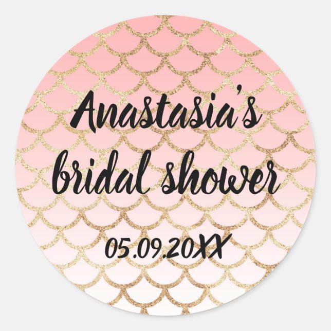 Bridal Shower Pink & Gold Mermaid Glitter Sparkles Classic Round Sticker (Front)