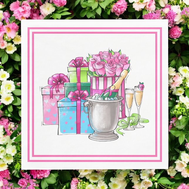 Bridal Shower Pink Green Gifts Champagne Glasses Napkin (Creator Uploaded)