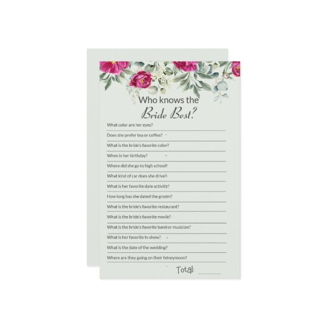 Bridal Shower Pink How well do you know Game (Front/Back In Situ)