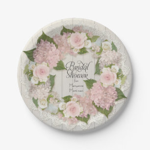 Bridal Shower Pink Hydrangea Roses Lace Wood Fence Paper Plate