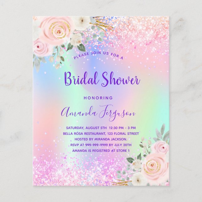 Bridal Shower pink purple floral budget invitation (Front)
