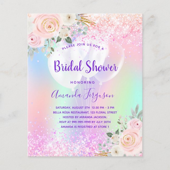 Bridal Shower pink purple floral invitation (Front)