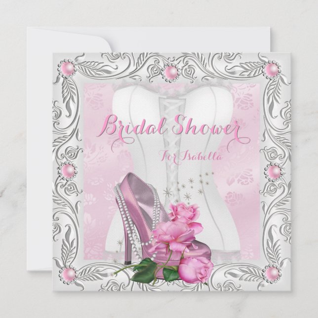 Bridal Shower Pink Rose High Heels Lace Glam Invitation (Front)