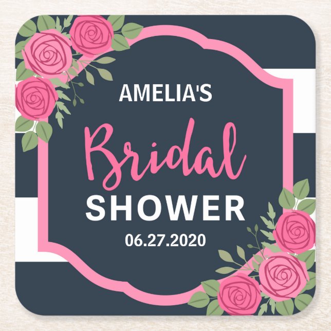 Bridal Shower Pink Roses Blue White Stripes Square Paper Coaster (Front)