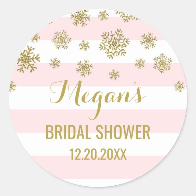 Bridal Shower Pink Stripes Gold Snow Winter Classic Round Sticker (Front)