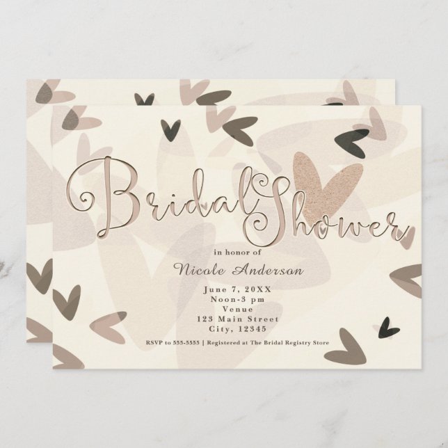 Bridal Shower Pink & Taupe Hearts Chic Invitations (Front/Back)