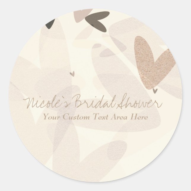 Bridal Shower Pink & Taupe Hearts Custom Favour Classic Round Sticker (Front)