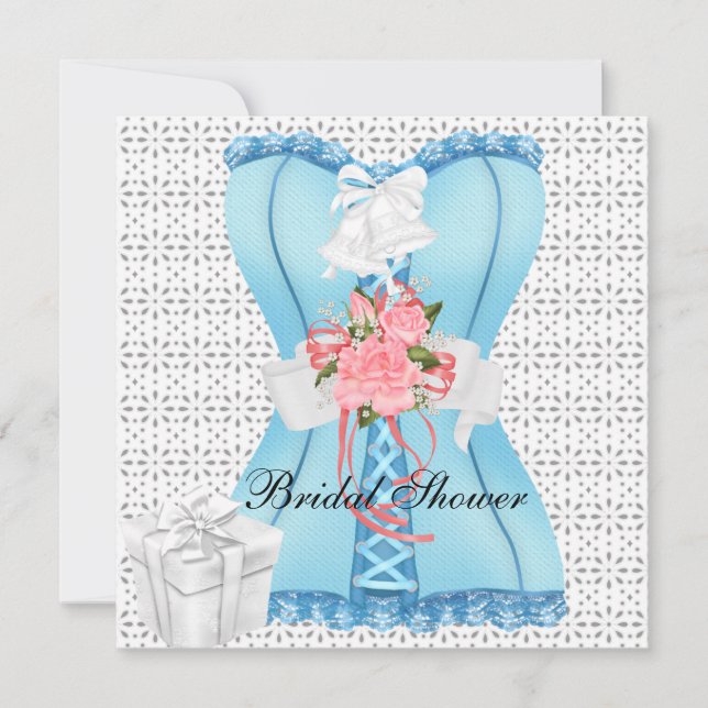 Bridal Shower Pink Teal White Corset Roses Flower Invitation (Front)