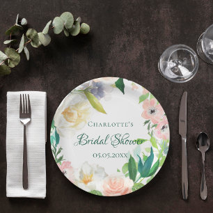 Bridal Shower pink white florals Paper Plate