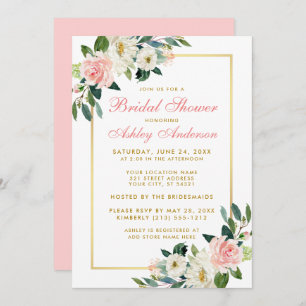 Bridal Shower Pink White Gold Floral Invitation GP