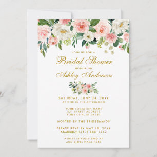 Bridal Shower Pink White Gold Floral Invite