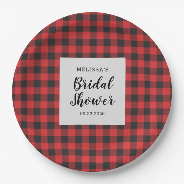 Bridal Shower Plaid Black Red Buffalo Lumberjack Paper Plate (Front)