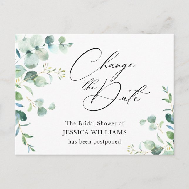 Bridal Shower Postponed Change the Date Eucalyptus Postcard (Front)
