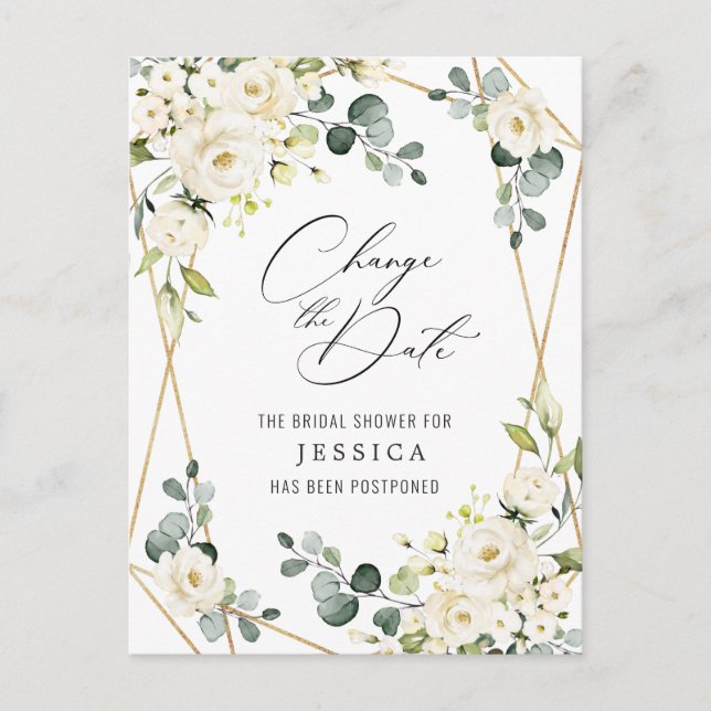 Bridal Shower Postponed Date Elegant White Roses Postcard (Front)
