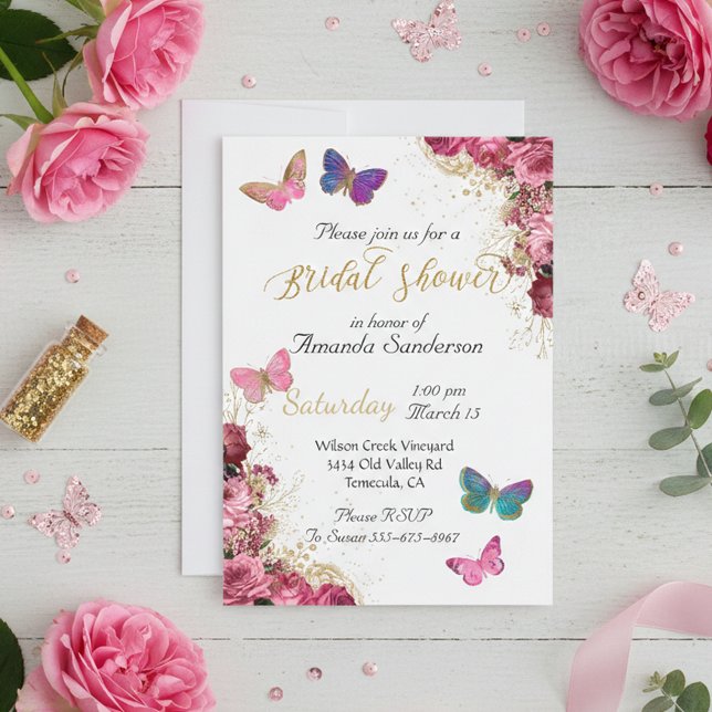 Bridal Shower Pretty Chic Floral Pink Butterfly Invitation (Creator Uploaded)