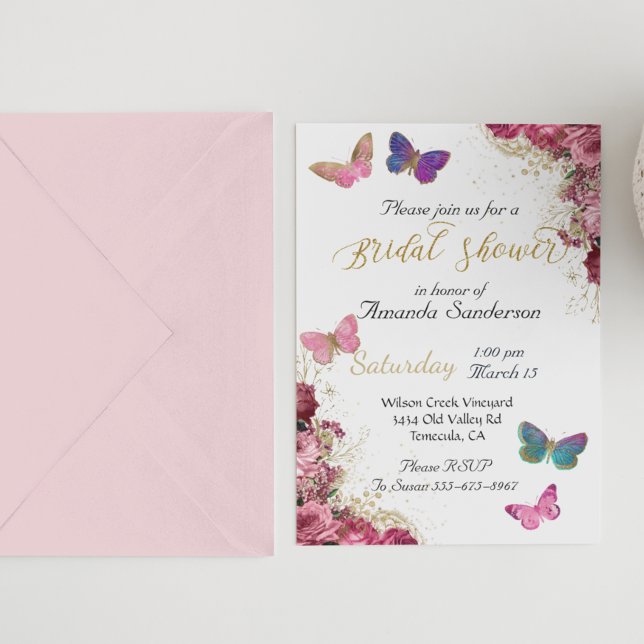 Bridal Shower Pretty Chic Floral Pink Butterfly Invitation (Creator Uploaded)