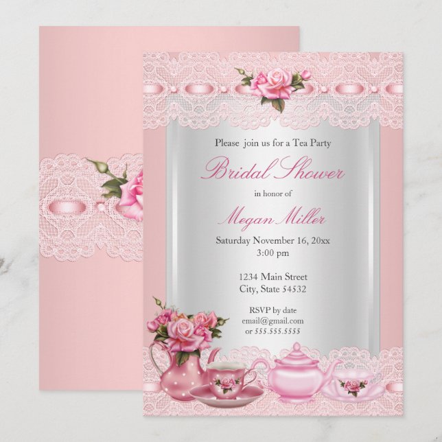 Bridal Shower Pretty Pink roses High Tea Party Invitation (Front/Back)