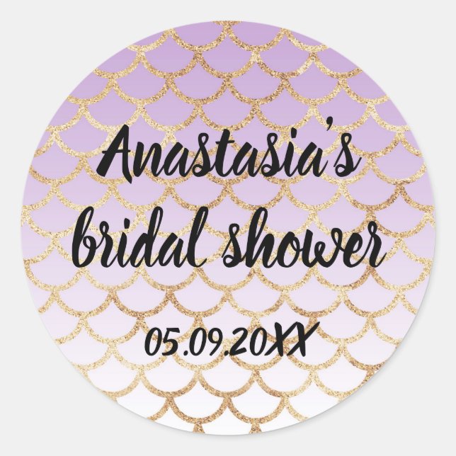 Bridal Shower Purple Gold Mermaid Glitter Sparkles Classic Round Sticker (Front)