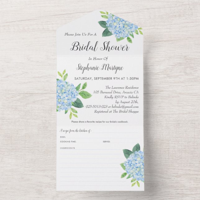 Bridal Shower Recipe Blue Hydrangea All In One Invitation (Inside)
