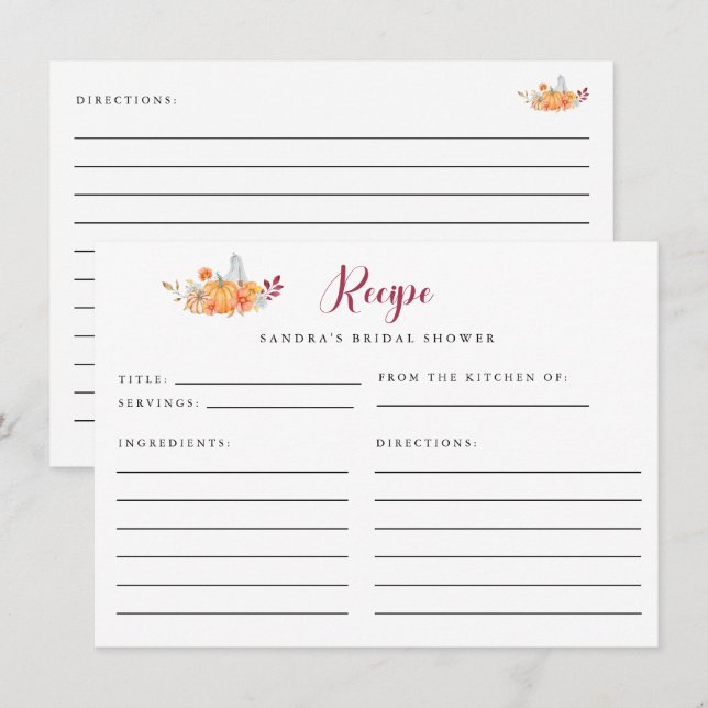 Bridal Shower Recipe Card Fall Pumpkin Autumn (Front/Back)