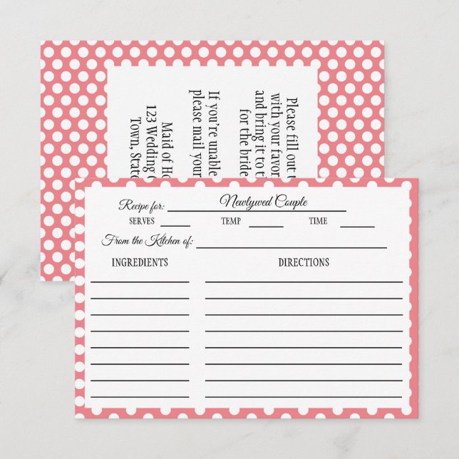 Bridal Shower Recipe Card Pink and White Polka Dot (Front/Back)