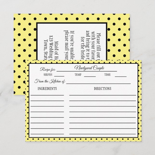 Bridal Shower Recipe Card Polka Dot Lemon Yellow (Front/Back)