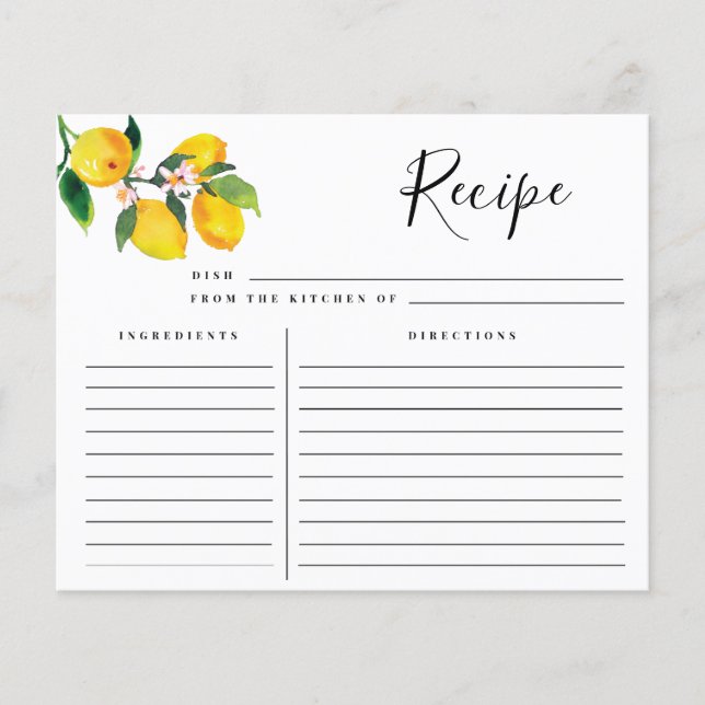 Bridal Shower Recipe Cards, Lemon Recipe Card (Front)