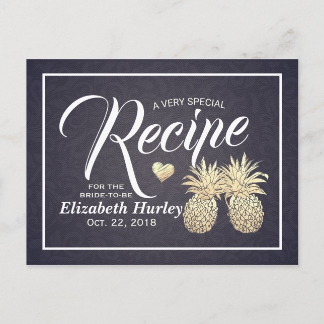 Bridal Shower Recipe Chic Gold Pineapple Navy Blue Invitation Postcard (Front)
