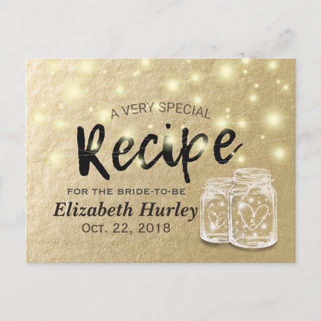 Bridal Shower Recipe Mason Jar String Lights Gold Invitation Postcard (Front)