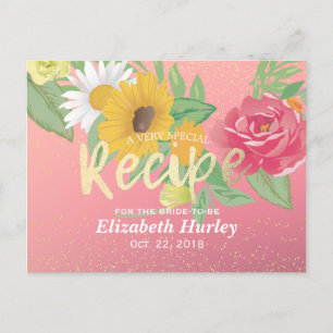 Bridal Shower Recipe Rose Flower Pink Gold Glitter Invitation Postcard