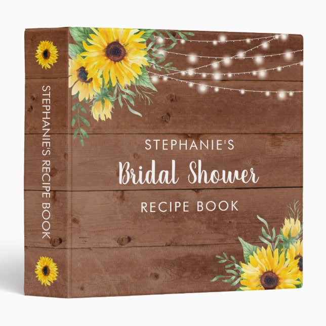 Bridal Shower Recipe Sunflower String Light Wood Binder (Front/Spine)