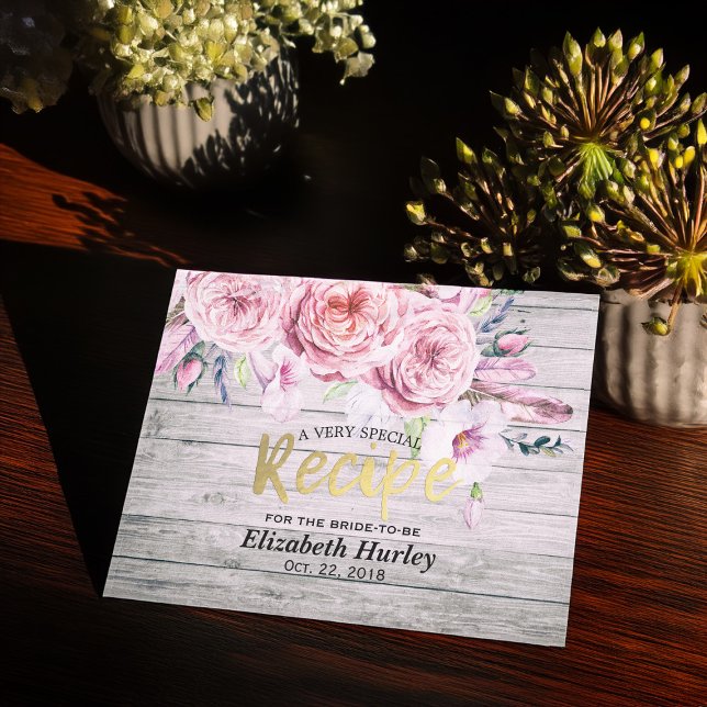 Bridal Shower Recipe Watercolor Floral Rustic Wood Invitation Postcard (Creator Uploaded)