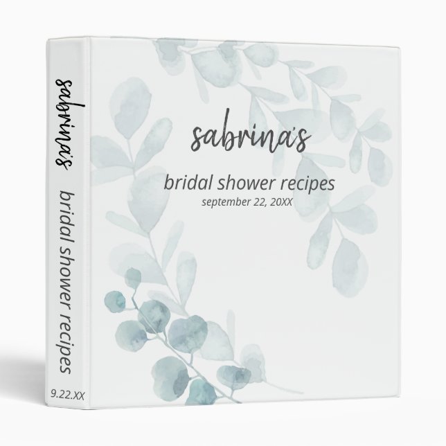 Bridal Shower Recipes Dusty Blue Watercolor Binder (Front/Spine)