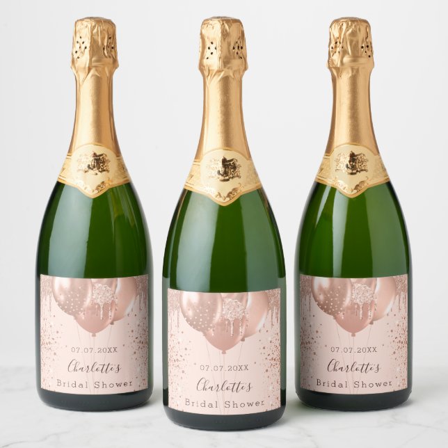 Bridal Shower rose gold blush balloons fun Sparkling Wine Label (Bottles)