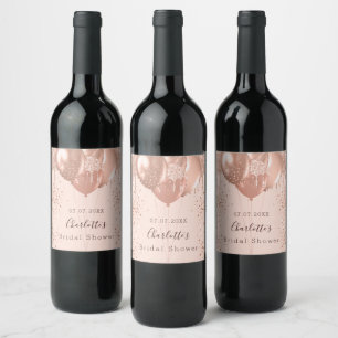 Bridal Shower rose gold blush glitter balloons fun Wine Label