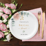 Bridal Shower rose gold floral eucalyptus elegant Paper Plate<br><div class="desc">A chic white background. Decorated with a rose gold,  blush pink floral,  flower (rose)and green watercolored eucalyptus leaves,  sprigs,  greenery and a faux gold sprig. Personalize and add the name of the bride to be and a date. Black and golden letters.</div>