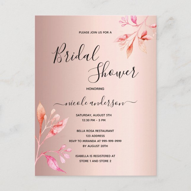 Bridal shower rose gold florals blush invitation postcard (Front)