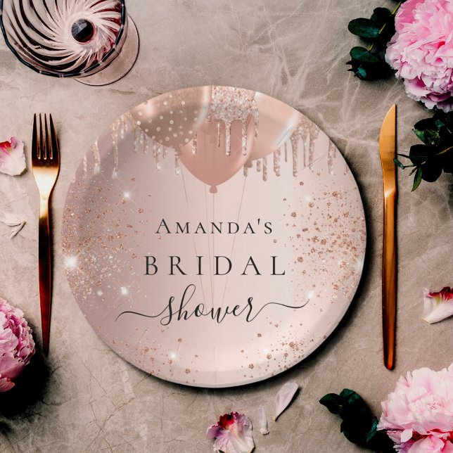 Bridal Shower rose gold glitter balloons glam  Paper Plate (Creator Uploaded)