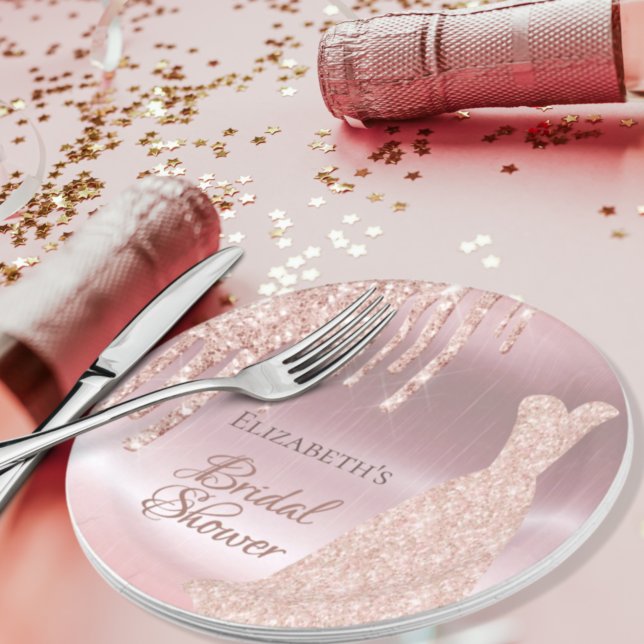 Bridal Shower rose gold glitter drip metallic Paper Plate (Creator Uploaded)