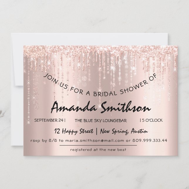 Bridal Shower Rose Gold  Glitter Drips Sweet 16th Save The Date (Front)