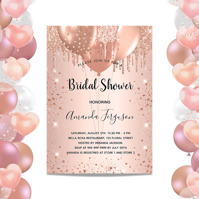 Bridal Shower rose gold glitter drops balloons Invitation (Creator Uploaded)