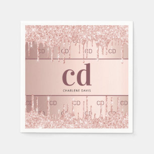 Bridal shower rose gold glitter monogram initials napkin