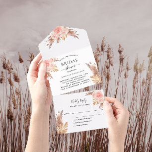 Bridal Shower rose gold pampas grass florals RSVP All In One Invitation