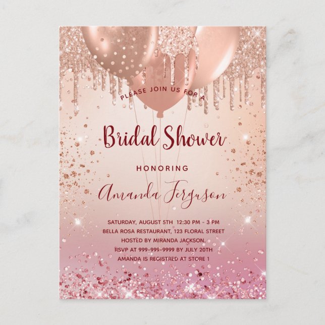 Bridal Shower rose gold pink glitter balloons Invitation Postcard (Front)
