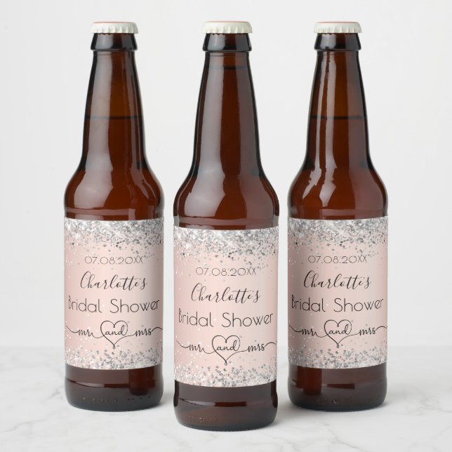 Bridal shower rose gold silver mr mrs beer bottle label (Bottles)