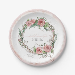 Bridal Shower Rustic Boho Wreath Rose Branch Leaf Paper Plate