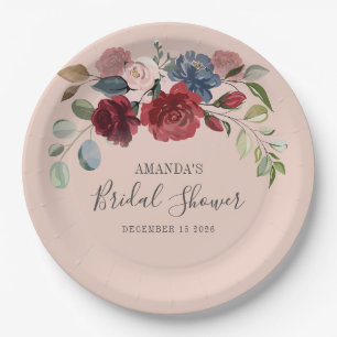 Bridal Shower Rustic Burgundy Floral Custom Paper Plate