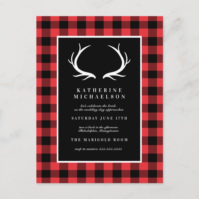 BRIDAL SHOWER | Rustic Deer Buffalo Checks Postcard (Front)
