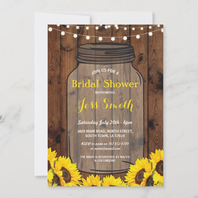 Bridal Shower Rustic Jar Wood SunflowER Invite (Front)